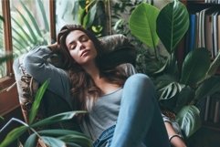 Serene woman relaxing at home with houseplants Product Image 1