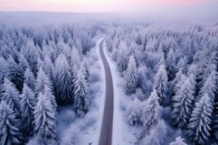 Misty winter road through snowy forest at twilight Product Image 1