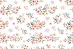 Watercolor Seamless Floral Pattern with cute birds Product Image 1