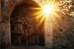 Sunset rays over old rustic doorway Product Image 1