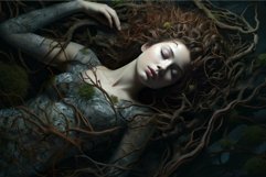Serene woman lying amidst entwined roots and moss, evoking a Product Image 1