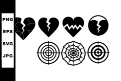 Broken heart and target icons set with spider web and cracke Product Image 1