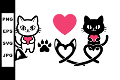 Cute black and white cats holding pink hearts with paw print Product Image 1