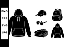 Hoodie cap sunglasses backpack and folded clothes vector ico Product Image 1