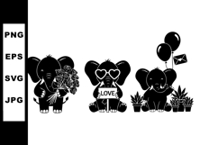 Cute elephant characters holding flowers love sign and ballo Product Image 1