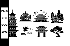 Asian temple pagoda vector set with traditional architecture Product Image 1