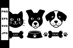 Cat and dog animal faces with paw prints bone food bowl vect Product Image 1