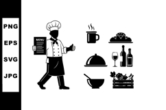 Chef holding menu with food and drink icons including croiss Product Image 1