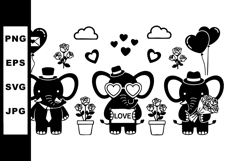 Cute elephants with hearts balloons love sign and flowers in Product Image 1