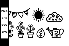 Gardening vector set with flowers, watering can, sun, cloud, Product Image 1