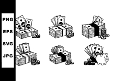 Money stacks with coins and piggy bank black and white vecto Product Image 1