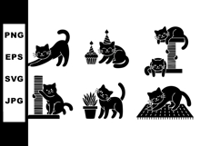 Black silhouette cats playing with yarn and climbing cat tre Product Image 1