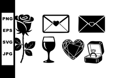 Romantic black silhouette vector icons of rose, love letters Product Image 1