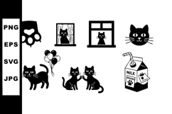 Black Cat Silhouettes with Paw, Balloons, Window, and Milk C Product Image 1