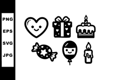 Cute birthday icons with heart cookie gift box cake candy ba Product Image 1