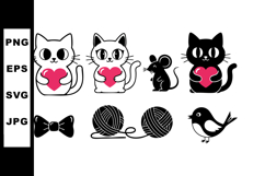 Cute cats holding heart shapes with mouse bird and knitting Product Image 1