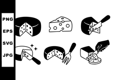 Cheese icons set with various cheese types and utensils in b Product Image 1