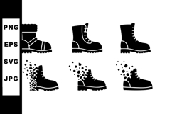 Black silhouette icons of boots in various styles including Product Image 1