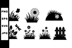 Vector black silhouette grass flowers and garden insects des Product Image 1