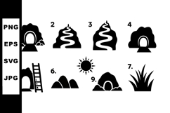 Cave entrance and mountain silhouette icons set with sun and Product Image 1