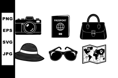 Travel essentials black silhouette icons including camera pa Product Image 1