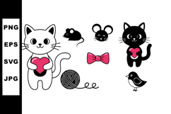 Cute cat holding heart with mouse bird yarn and bow tie vect Product Image 1