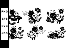 Black silhouette cats with ladybug spots playing and resting Product Image 1