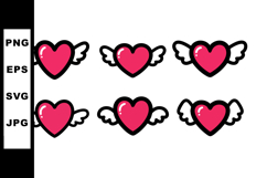 Flying hearts with white wings vector set of six pink love s Product Image 1