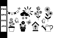 Garden icons with flowers butterflies sun watering can and b Product Image 1