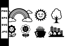 Cute nature icons set with rainbow sun tree flowers and city Product Image 1