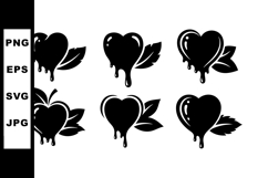 Dripping heart icons with leaves vector set in black silhoue Product Image 1