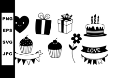 Love and birthday themed vector icons with hearts gifts cake Product Image 1
