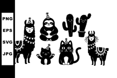 Cute black and white party animals with hats including llama Product Image 1