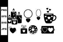 Heart themed black silhouette icons with candles gift cup an Product Image 1