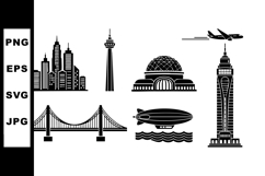 City skyline tower bridge zeppelin airplane vector icons set Product Image 1