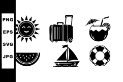 Summer travel icons with sun watermelon sailboat luggage coc Product Image 1