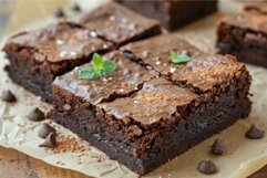Closeup of moist chocolate brownies garnished with mint leav Product Image 1