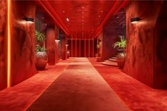 Luxurious red carpet hallway with modern decor Product Image 1