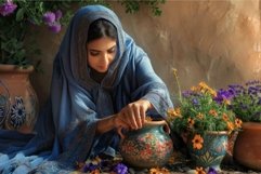 Tranquil lady tending to potted flowers in rustic setting Product Image 1