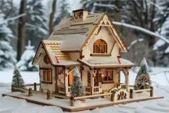 Wooden chalet model with lights glowing in snowy landscape Product Image 1