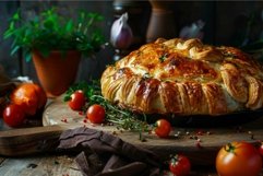 Gourmet homemade meat pie on wooden table Product Image 1