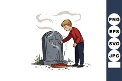 Boy mourning at gravestone with cross symbol and incense smo Product Image 1