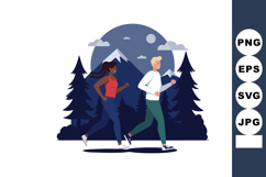 Outdoor jogging couple running through forest with mountains Product Image 1