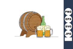 Wooden beer barrel with green bottle and two frothy beer mug Product Image 1