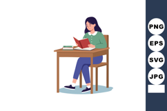 Young woman reading book at wooden desk in casual clothing i Product Image 1