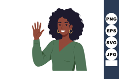 Woman with curly hair waving hand smiling friendly casual gr Product Image 1