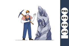 Miner holding pickaxe standing next to large crystal rock mi Product Image 1