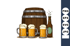 Beer mugs with frothy foam bottle and wooden barrel vector i Product Image 1