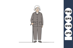 Elderly woman standing with walking cane wearing grey outfit Product Image 1