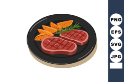 Two grilled steak pieces with orange sweet potato wedges and Product Image 1